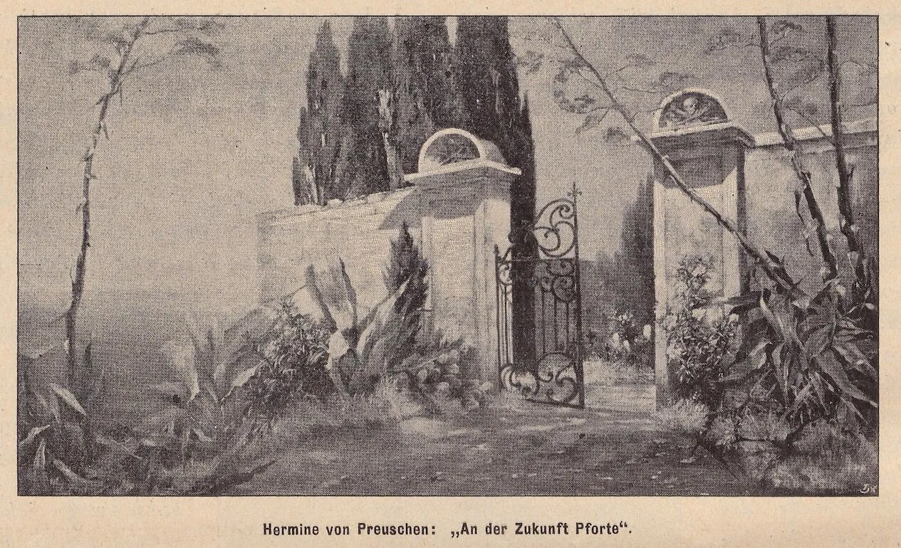 A cemetery gate standing half open: wrought-iron scrollwork between rendered piers with carved lunettes, cypresses dark behind the wall, agaves and aloes crowding in from both sides, a path running away into light.
