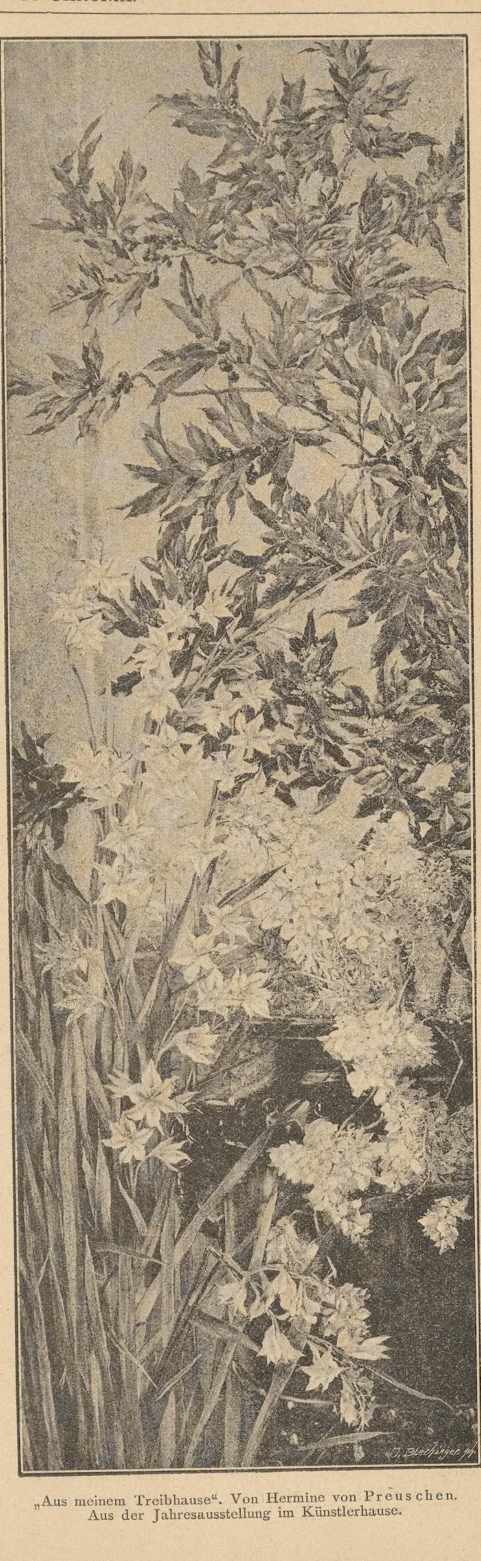 A tall narrow still life: flowering branches with dark leaves and berries above, white narcissus and blossom below, reed-like leaves rising from a dark ground.