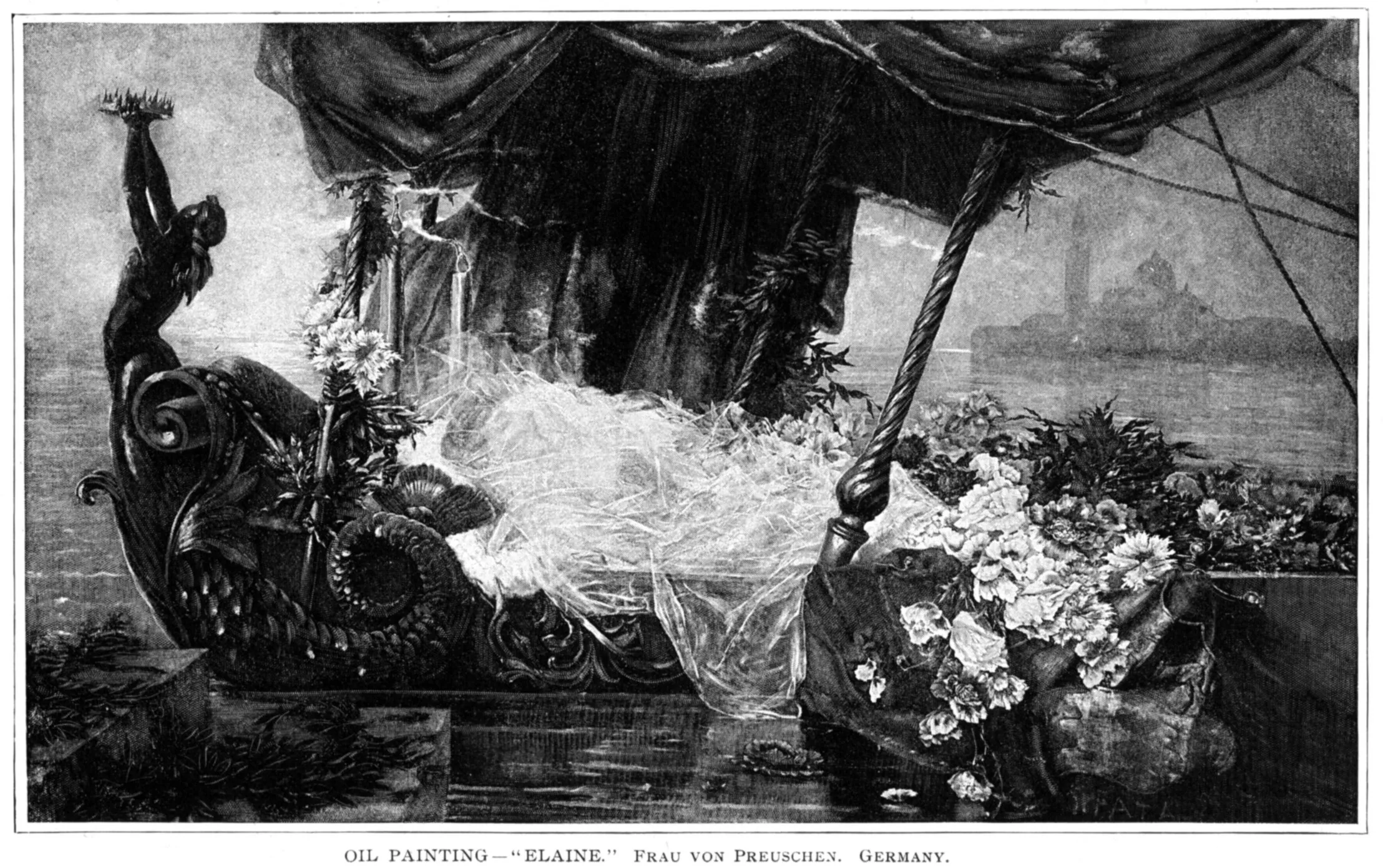 The lily maid of Astolat lies in death in a flower-strewn barge on dark water.