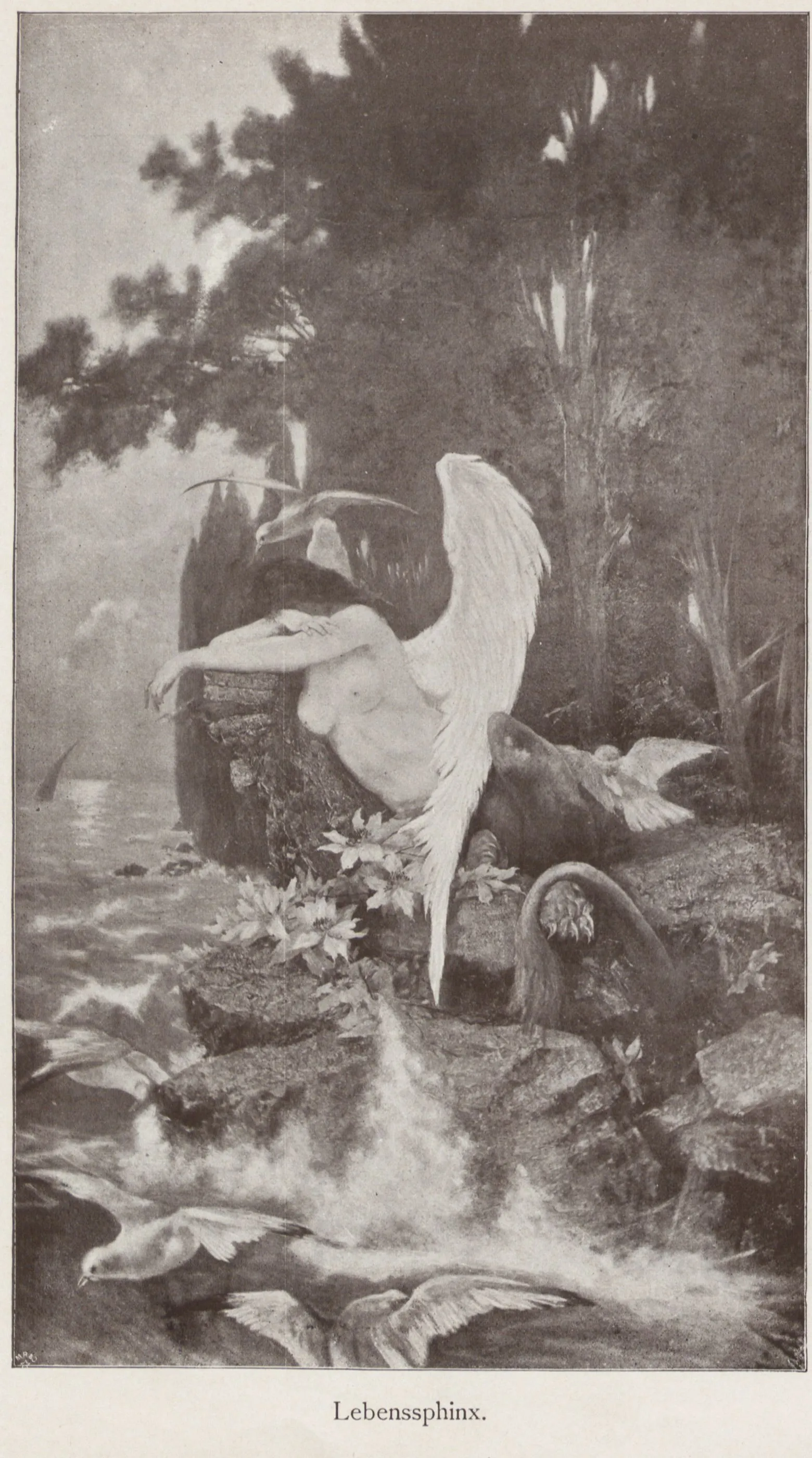 A winged female figure slumped against a rock above breaking surf, a dark beast's body behind her, water lilies at the base, gulls flying low across the spray, cypresses and moonlit water beyond.