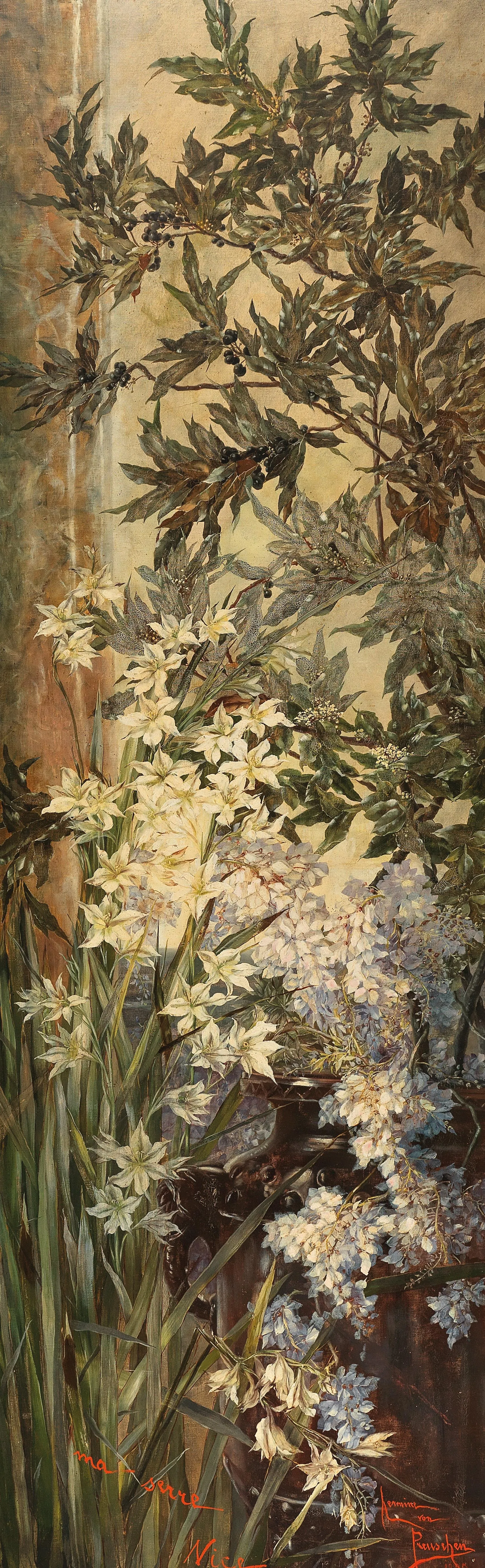 A tall, narrow canvas of laurel branches and white lilies in a southern greenhouse.