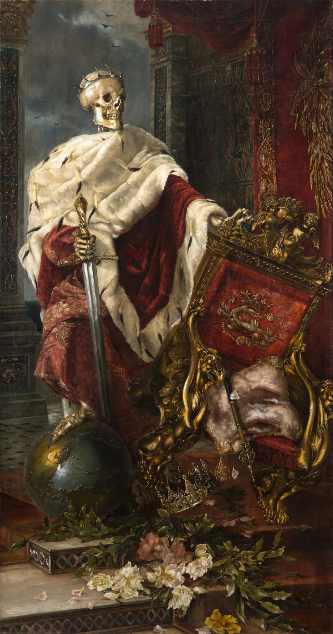 A crowned skeleton in an ermine-lined imperial robe stands on the globe, leaning on a sword and overturning a throne as a jeweled crown falls.