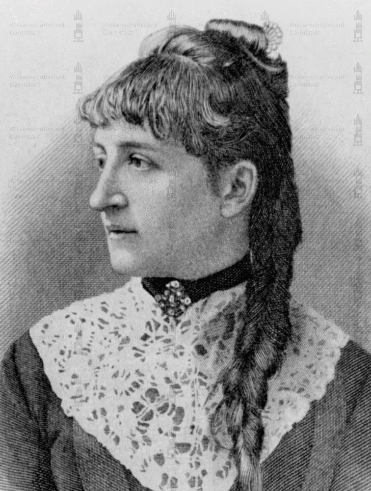 Engraved three-quarter portrait of a woman in her late thirties, hair swept up and falling in a long braid, wearing a deep lace collar and a jewelled choker.
