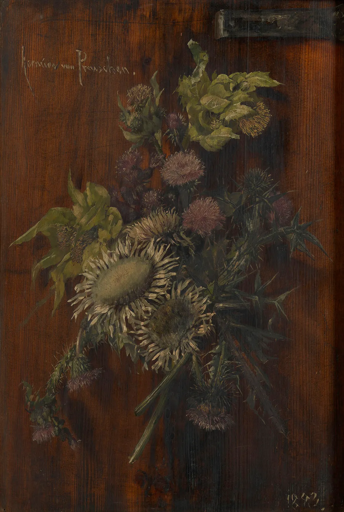 A trompe-l'oeil arrangement of flowers rendered to appear three-dimensional against a plain ground.