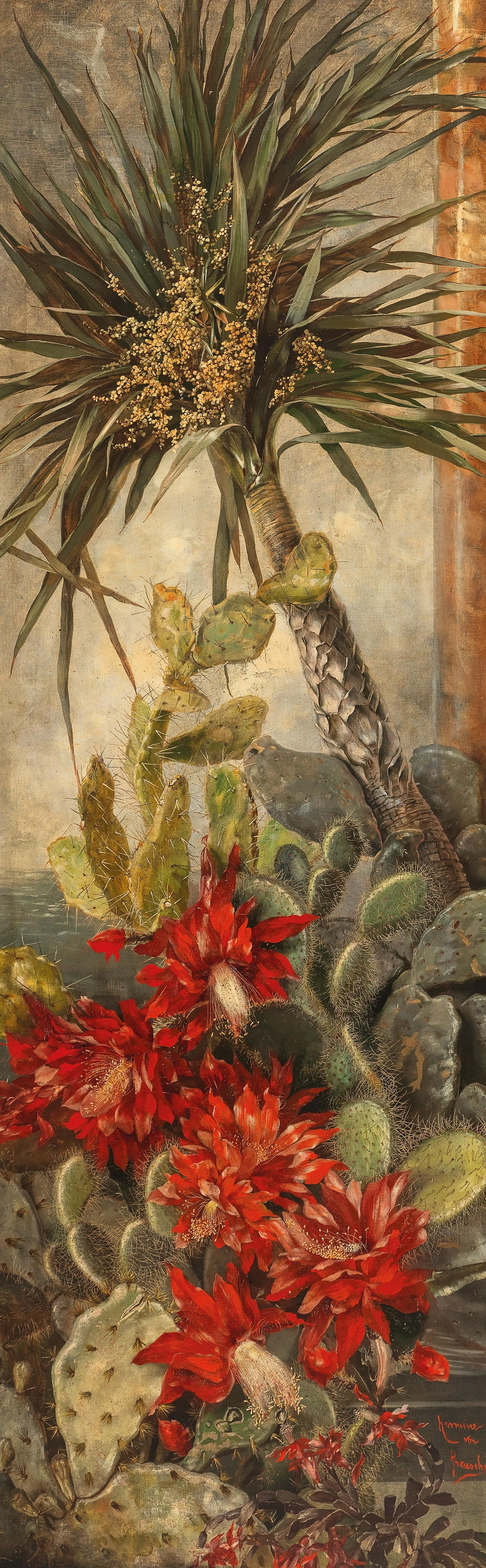 A tall, narrow canvas of a blooming yucca and prickly-pear cacti.